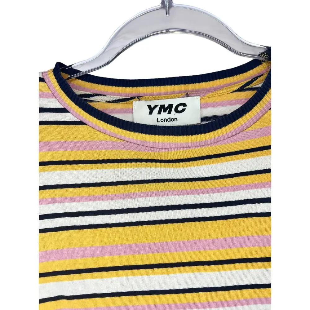 YMC London Striped Cotton Sweater Pink Mustard Navy Cropped Knit Top S